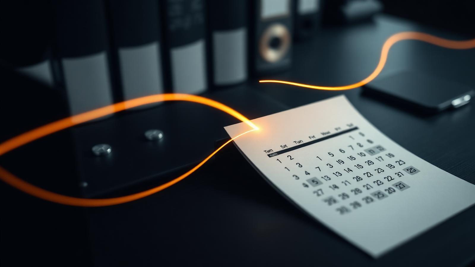 Pastas médicas datadas e calendário sobre mesa escura atravessados por uma linha de luz, representando a cronologia documental.