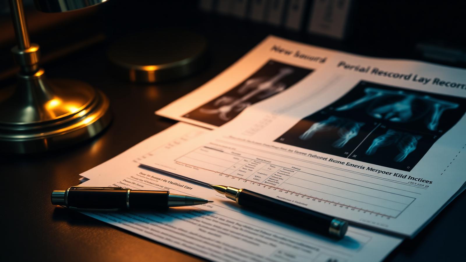 Prontuários médicos, laudos e exames de imagem organizados sobre mesa escura, representando a documentação relevante.