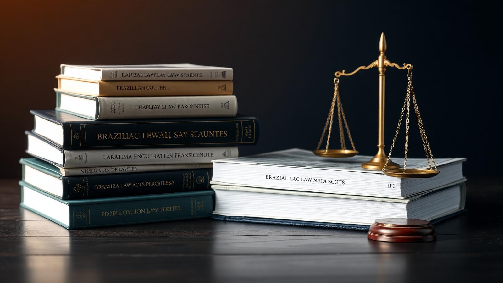 Livros de legislação brasileira ao lado de uma balança de bronze, representando o tratamento normativo da saúde militar.
