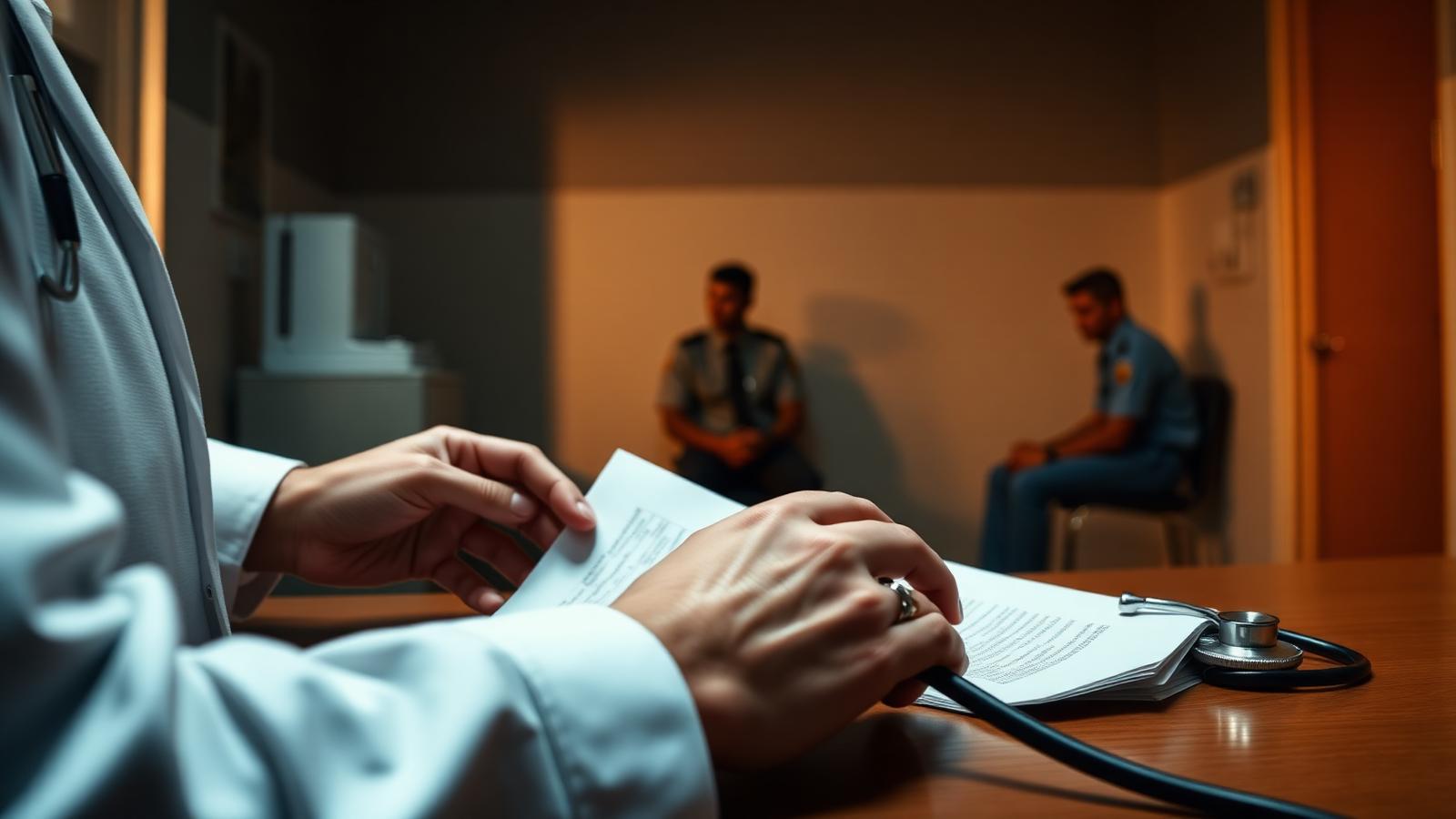 Médico analisando prontuário em ambiente institucional, com militares aguardando ao fundo, representando a perícia médica.