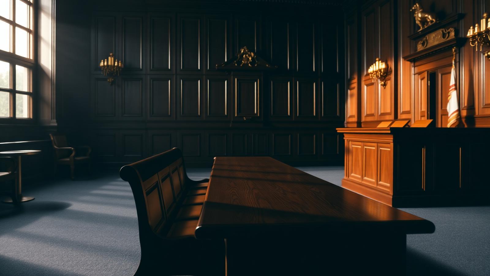 Sala de audiências institucional com bancada de madeira e iluminação suave, representando a análise judicial dos casos de saúde militar.